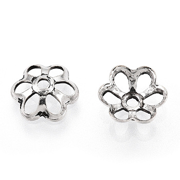 Tibetan Style 925 Sterling Silver Bead Caps, 6-Petal Flower, Antique Silver, 8x8x1mm, Hole: 1.2mm