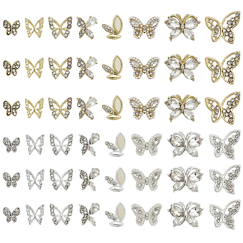 CHGCRAFT 16 Style Alloy Rhinestone Cabochons, Nail Art Decoration Accessories, Butterfly, Golden & Silver, 6~13x7~14.5x1~3.5mm, 48pcs/box