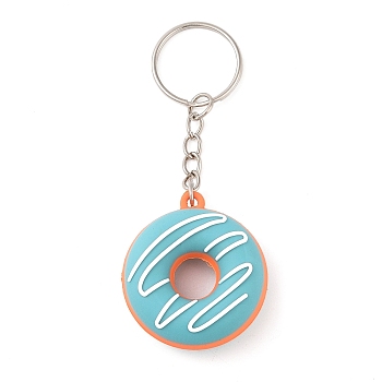 Alloy Keychains, with PVC Pendants, Donut, Turquoise, 9.8cm