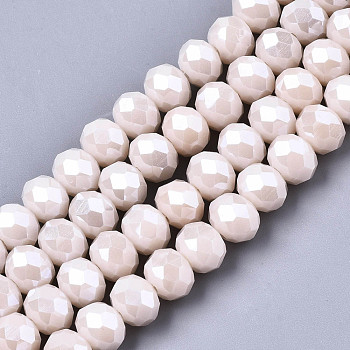 Electroplate Glass Beads Strands, Pearl Luster Plated, Faceted, Rondelle, Misty Rose, 6x5mm, Hole: 1mm, about 87~90pcs/strand, 17~17.5 inch(42.5~43.75cm)