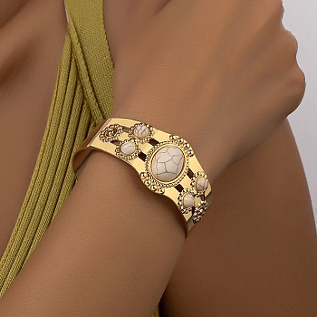 Resin Oval Beaded Open Cuff Bangle, Light Gold Iron Jewelry for Women, White, Inner Diameter: 2x2-5/8 inch(5x6.55cm)