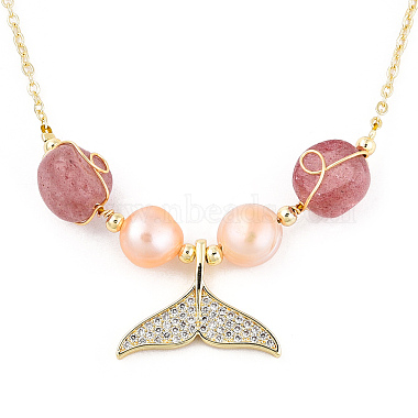 Natural Strawberry Quartz & Pearl Beaded Whale Tail Pendant Necklace with Brass Cable Chains for Women(NJEW-T015-02G)-3