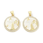 Brass Micro Pave Clear Cubic Zirconia Pendants, Cadmium Free & Lead Free, with Synthetic Opal and ABS Plastic Pearl, Real 18K Gold Plated, Flat Round with Twelve Constellations Charms, Aquarius, 23x20x2.5mm, Hole: 4.5x3mm(KK-L213-010G-07)
