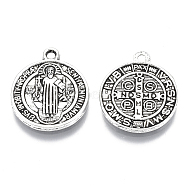 Tibetan Style Pendants, Saint Benedict Medal, Cadmium Free & Lead Free, Flat Round, Antique Silver Color, Size: about 21mm long, 18mm wide, 2mm thick, hole: 1mm(X-TIBEB-A9489-AS-LF)