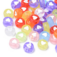Transparent Acrylic Beads, Flat Round with White Heart, Mixed Color, 7x3.5mm, Hole: 1.8mm, about 3700pcs/500g(TACR-S150-05A-M)