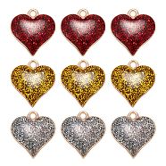 18Pcs 3 Colors Golden Zinc Alloy Enamel Pendants, with Glitter Sequin, Valentine's Day, Heart, Mixed Color, 17x15.5x3mm, Hole: 1.5mm, 6pcs/color(FIND-LS0001-31)
