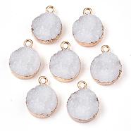 Electroplate Druzy Resin Pendants, with Iron Findings, Flat Round, Light Gold, White, 17~18x13.5x6mm, Hole: 1mm(RESI-S366-02F)
