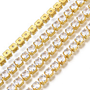 Flat Round Cubic Zirconia Strass Chains, Gold Plated Brass Link Chains, Soldered, with Spool, Clear, 3mm, about 16.40 Feet(5m)/Roll(CHC-N020-09)
