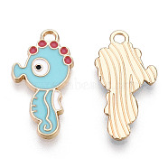 Light Gold Plated Alloy Enamel Pendants, Cadmium Free & Lead Free, Sea Horse Shape, Sky Blue, 22.5x11.5x1.5mm, Hole: 2mm(ENAM-T009-77B-RS)