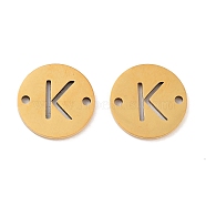Vacuum Plating 201 Stainless Steel Hollow Flat Round Links, Letter Connector Charms, Real 18K Gold Plated, Letter K, 12x1mm, Hole: 1.2mm(FIND-R149-03K-G)