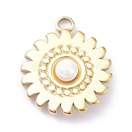 Ion Plating(IP) 304 Stainless Steel Pendants, with White Plastic Imitation Pearl Beads, Flower, Golden, 24x20.5x6.5mm, Hole: 3mm(STAS-O150-11G)