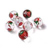 Transparent Glass Beads, with Enamel, Round, Red, Strawberry Pattern, 14~15x13~13.5mm, Hole: 1.5~1.6mm(LAMP-B021-03B-14)