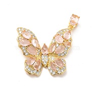 Brass Micro Pave Clear Cubic Zirconia Pendants, with Pink Glass, Butterfly Charm, Real 18K Gold Plated, 27x32x5.5mm, Hole: 5.5x2mm(KK-I695-054G)