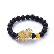 Natural Lava Rock Round Beads Stretch Bracelets, with Natural Citrine(Dyed & Heated) Chips and Brass Beads, Golden, Inner Diameter: 2 inch(5cm)(BJEW-JB05118-04)
