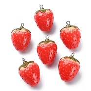 Opaque Resin Pendants, Strawberry Charms, Imitation Food, with Platinum Tone Iron Loops, Red, 28~29x20x20mm, Hole: 2mm(RESI-YW0001-28)