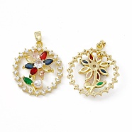 Brass Micro Pave Cubic Zirconia Pendants, with Colorful Glass, Flat Round with Flower of Life, Real 18K Gold Plated, 25x22x4mm, Hole: 4x2.5mm(KK-E068-VC033)