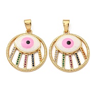 Real 18K Gold Plated Brass Pendants, with Cubic Zirconia and Enamel, Flat Round with Evil Eye Charms, Pearl Pink, 26x23.5x3mm, Hole: 6x4mm(KK-L209-010G-03)