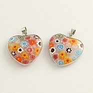Handmade Millefiori Glass Pendants, with Platinum Plated Brass Findings, Heart, Colorful, 28x25x5mm, Hole: 5x3mm(X-LK-R006-14)