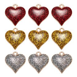 18Pcs 3 Colors Golden Zinc Alloy Enamel Pendants, with Glitter Sequin, Valentine's Day, Heart, Mixed Color, 17x15.5x3mm, Hole: 1.5mm, 6pcs/color(FIND-LS0001-31)