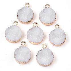 Electroplate Druzy Resin Pendants, with Iron Findings, Flat Round, Light Gold, White, 17~18x13.5x6mm, Hole: 1mm(RESI-S366-02F)