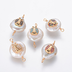 Natural Pearl Links connectors, with Brass Micro Pave Cubic Zirconia Findings, Flat Round with Ladybird, Golden, Mixed Color, 19~22x11~14x6~8mm, Hole: 1.6mm(PEAR-L027-03)