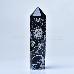 Sun & Moon Pattern Natural Obsidian Display Decoration, Healing Stone Wands, for Reiki Chakra Meditation Therapy Decos, Bullet/Hexagonal Prism, Light Steel Blue, 70~80mm(WG16568-01)