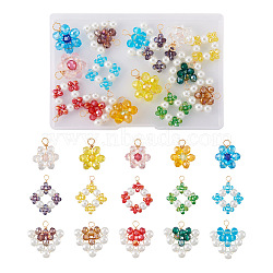 30Pcs 15 Style Wire Wrapped Electroplate Glass & Glass Pearl Pendants, Flower & Triangle, Mixed Color, 22.5~29x21~31x6.5~7.5mm, Hole: 1.6~3mm, 2pcs/style(FIND-CD0001-41)