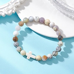 Natural African Opal & Synthetic Turquoise Beaded Stretch Bracelets for Women Men, Round & Cross, Beads: 8.5mm, Inner Diameter: 2.17 inch(5.5cm)(BJEW-JB13313)