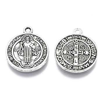 Tibetan Style Pendants, Saint Benedict Medal, Cadmium Free & Lead Free, Flat Round, Antique Silver Color, Size: about 21mm long, 18mm wide, 2mm thick, hole: 1mm