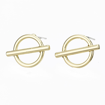 Alloy Stud Earring Findings, with Steel Pin, Flat Round with Plastic Protective Cover, Light Gold, 13.5x16.5mm, Hole: 4x9mm, Pin: 0.7mm