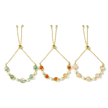 3Pcs 3 Style Brass Slider Cable Chain Bracelets, Pearl & Natural Gemstone Beaded Bracelet for Women, Golden, Inner Diameter: 2-3/8~3-1/4 inch(6.1~8.1cm), 1pc/style