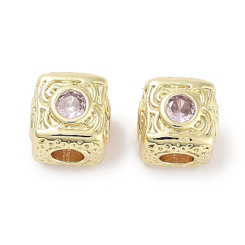 Brass Micro Pave Cubic Zirconia Beads, Cube, Real 18K Gold Plated, Pink, 7.5x7.5x7.5mm, Hole: 3mm