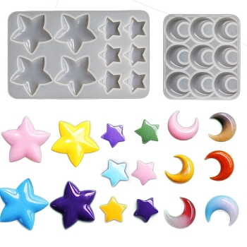 Star & Moon Cabochon Food Grade Silicone Molds, Resin Casting Molds, for UV Resin, Epoxy Resin Craft Making, White, 98x155mm & 102x92mm