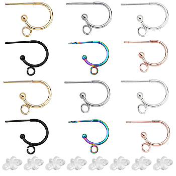 24Pcs 6 Colors 304 Stainless Steel Stud Earring Findings, Half Hoop Earrings, with Loop, 30Pcs Plastic Ear Nuts, Mixed Color, 15.5x12.5x2.4mm, Pin: 0.7mm, 4pcs/color