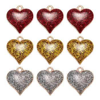 18Pcs 3 Colors Golden Zinc Alloy Enamel Pendants, with Glitter Sequin, Valentine's Day, Heart, Mixed Color, 17x15.5x3mm, Hole: 1.5mm, 6pcs/color