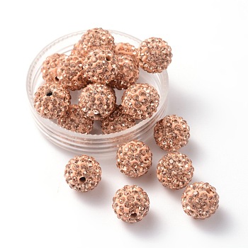 Pave Disco Ball Beads, Polymer Clay Rhinestone Beads, Grade A, Light Peach, PP15(2.1~2.2mm), 14mm, Hole: 2mm