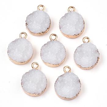 Electroplate Druzy Resin Pendants, with Iron Findings, Flat Round, Light Gold, White, 17~18x13.5x6mm, Hole: 1mm
