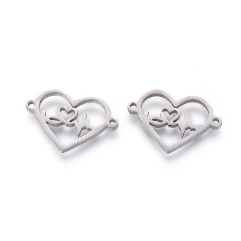 201 Stainless Steel Links, Manual Polishing, Heart & Heartbeat, Stainless Steel Color, 13x20x1.5mm, Hole: 1.2mm