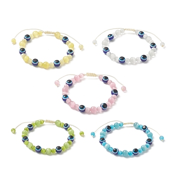 Cat Eye & Resin Evil Eye Braided Bead Bracelet for Women, Mixed Color, Inner Diameter: 2~3-3/8 inch(5~8.5cm)