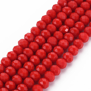 Opaque Solid Color Glass Beads Strands, Faceted, Rondelle, Red, 6x5mm, Hole: 1mm, about 83~85pcs/strand, 38~39cm