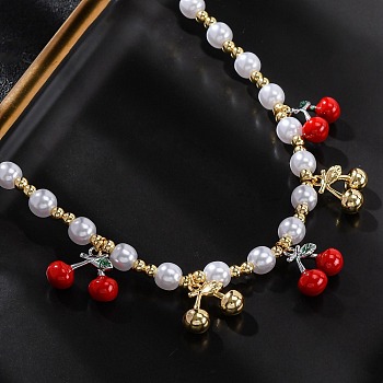 Brass Micro Pave Clear Cubic Zirconia Beaded Necklaces, with ABS Imitation Pearl Beads and Enamel, Cadmium Free & Lead Free, Long-Lasting Plated, Rack Plating, Real 18K Gold Plated, 16.77 inch(42.6cm)