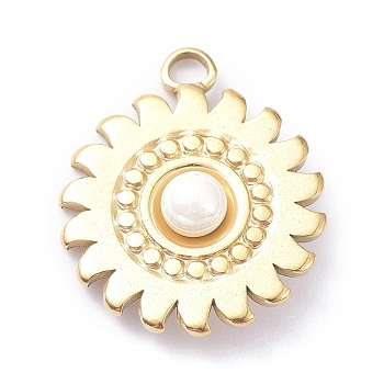 Ion Plating(IP) 304 Stainless Steel Pendants, with White Plastic Imitation Pearl Beads, Flower, Golden, 24x20.5x6.5mm, Hole: 3mm
