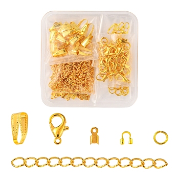 DIY Jewelry Making Finding Kit, Including Zinc Alloy Lobster Claw Clasps, Iron Open Jump Rings & Folding Crimp Ends & End Chains, Brass Snap on Bails & Wire Guardian, Golden, 200Pcs/box