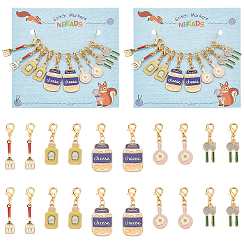 Tableware Theme Pendant Stitch Markers, Alloy Enamel Crochet Lobster Clasp Charms, Locking Stitch Marker with Wine Glass Charm Ring, Mixed Shapes, Mixed Color, 3.2~4cm, 5 style, 2pcs/style, 10pcs/set
