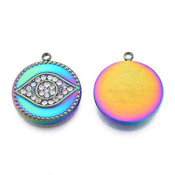 304 Stainless Steel Pendants, with Crystal Rhinestone, Flat Round with Eye, Rainbow Color, 19x16.5x2.5mm, Hole: 1.4mm