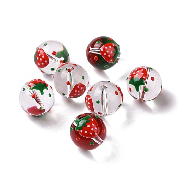 Transparent Glass Beads, with Enamel, Round, Red, Strawberry Pattern, 14~15x13~13.5mm, Hole: 1.5~1.6mm
