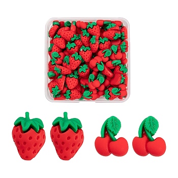 100Pcs Resin Cabochons, Strawberry with Cherry, Red, 20~23x17x8~10mm