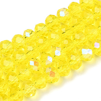 Electroplate Glass Beads Strands, Half Rainbow Plated, Faceted, Rondelle, Champagne Yellow, 6x5mm, Hole: 1mm, about 83~85pcs/strand, 38~39cm