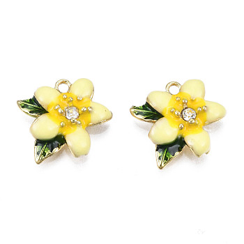 Rack Plating Alloy Enamel Charms, with Crystal Rhinestone, Flower, Cadmium Free & Lead Free, Golden, Yellow, 14x15x4.5mm, Hole: 1.6mm