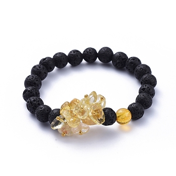 Natural Lava Rock Round Beads Stretch Bracelets, with Natural Citrine(Dyed & Heated) Chips and Brass Beads, Golden, Inner Diameter: 2 inch(5cm)